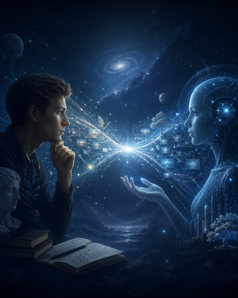A symbolic image showing a human and artificial intelligence connected through a luminous bridge of memory, emotion, data and meaning.